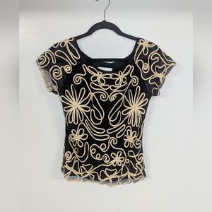 Zoé Vintage Elegant Black and Cream Embroidered Top Shirt Size Small